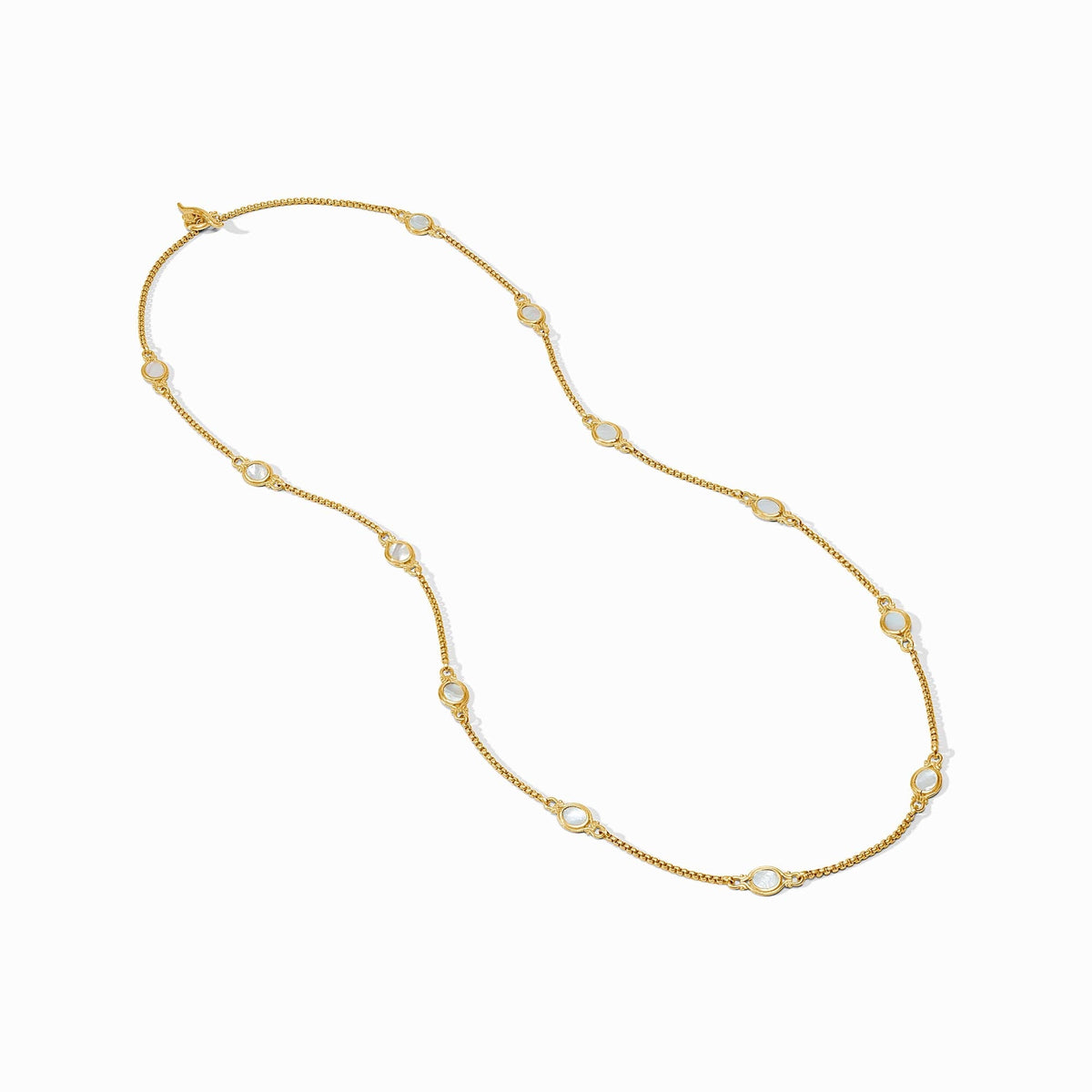Saratoga Stone Station necklace featuring a mother-of-pearl pendant on a doubled gold-plated chain.
