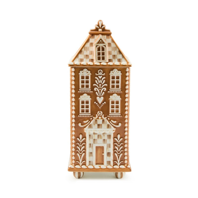 Mocha Check Gingerbread Large Canister shaped like a tall house with white icing-style details.