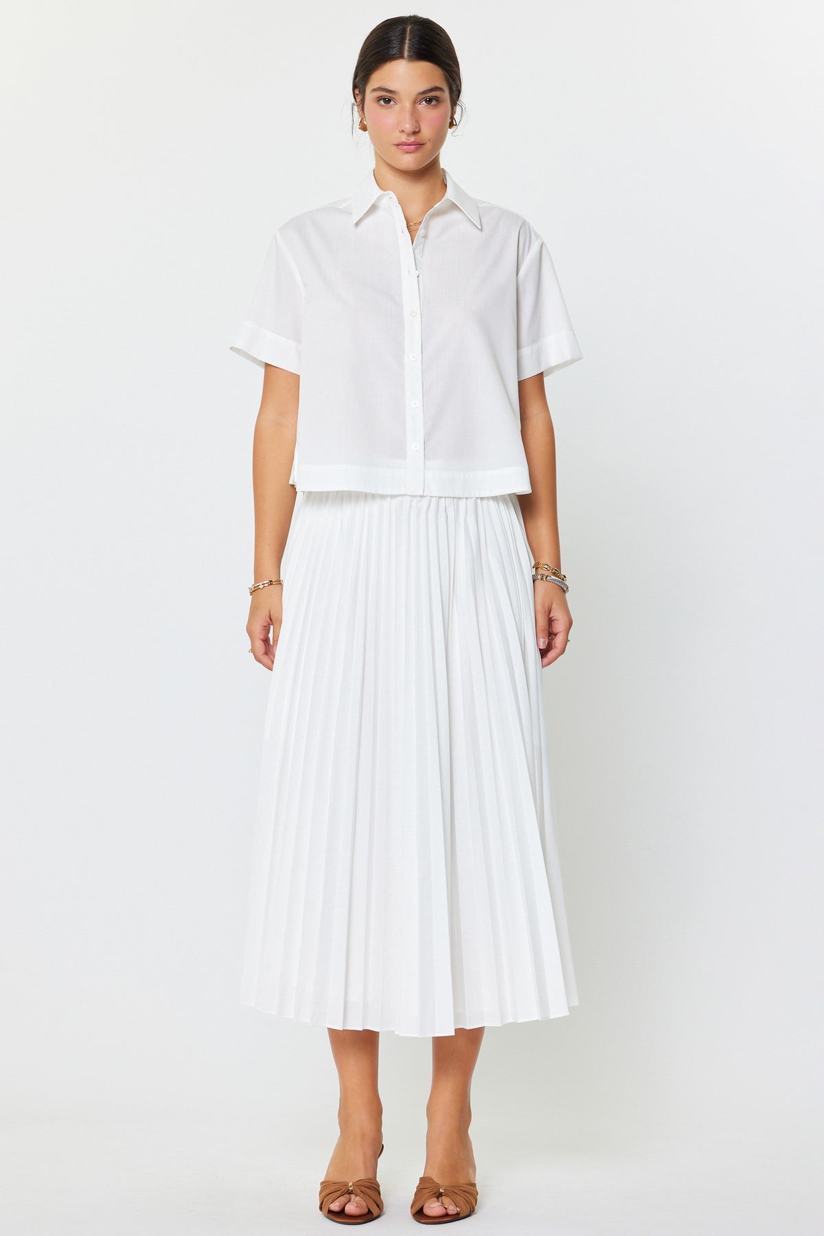 Ivy pleated A-line maxi skirt with smocked waist in poly-cotton fabric