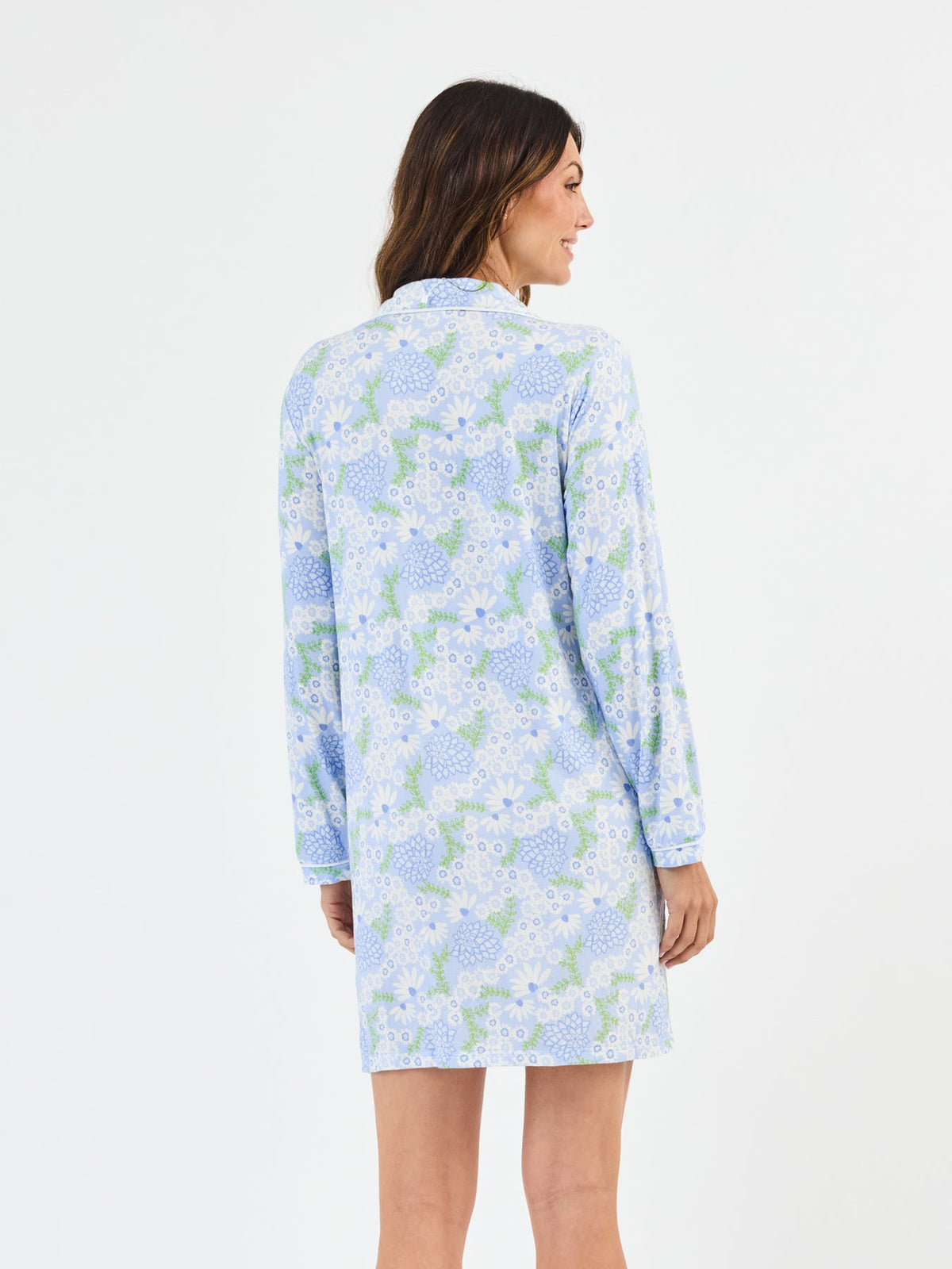 Women's Charlotte nightshirt in LuxBlend fabric with straight flowy fit, long sleeves, button front collar, and contrast piping.