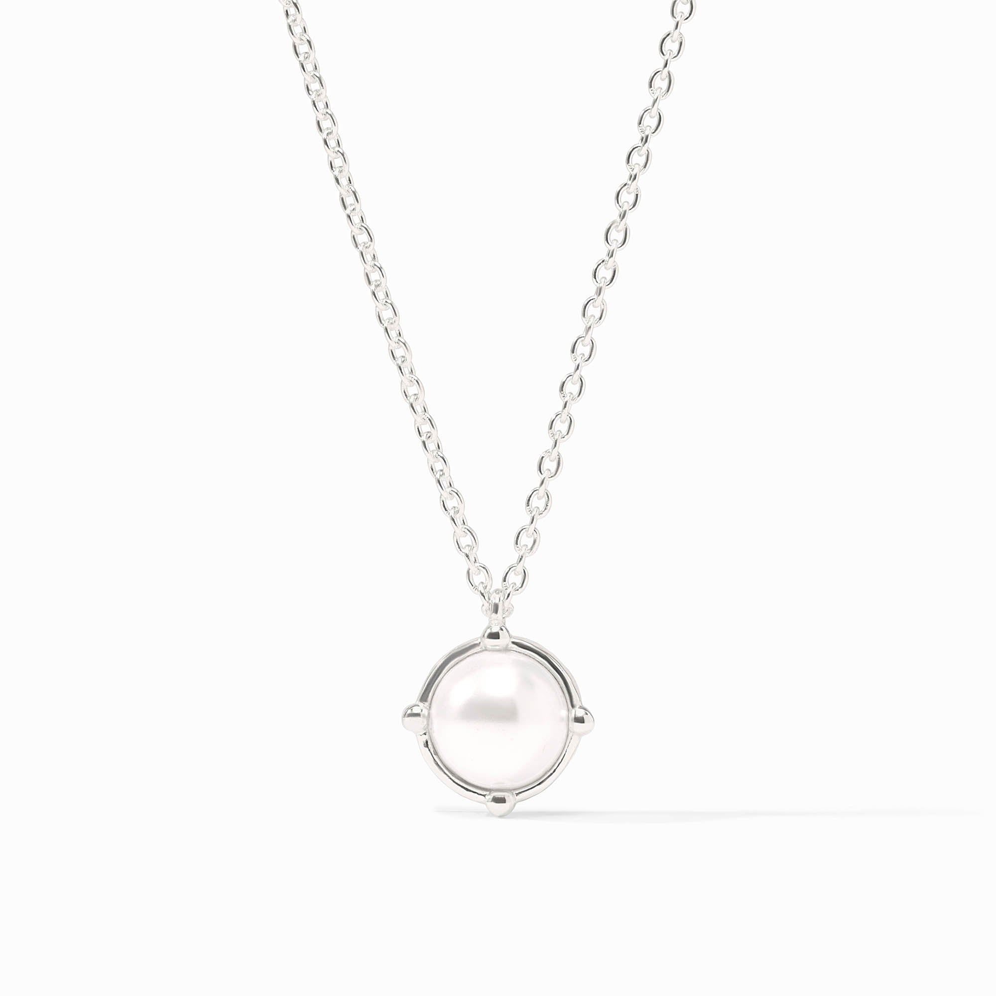 Honeybee Solitaire Necklace in silver featuring a round white pearl pendant on a delicate chain.