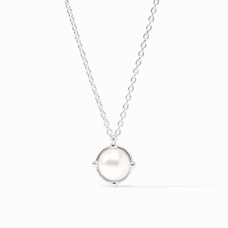 Honeybee Solitaire Necklace in silver featuring a round white pearl pendant on a delicate chain.