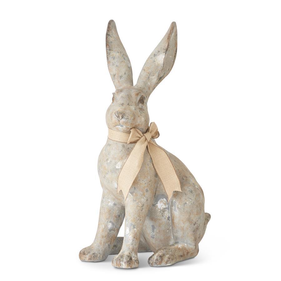 34-inch distressed gray sitting rabbit figurine with burlap bow accent