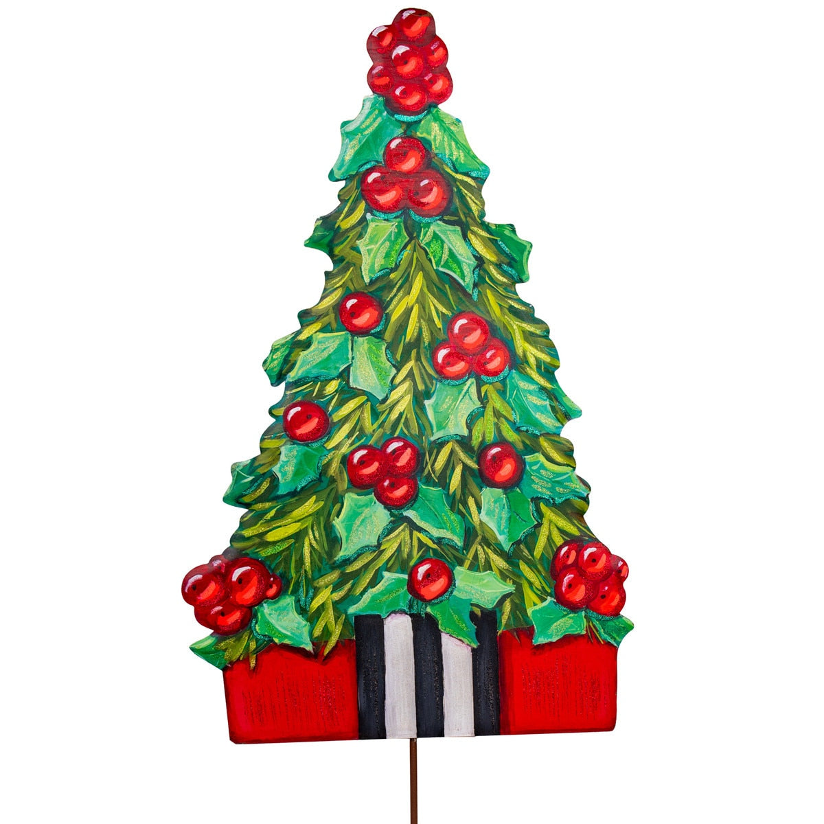 Elegant Holly Berry Tree stake with green foliage, red berries, and brown branches.
