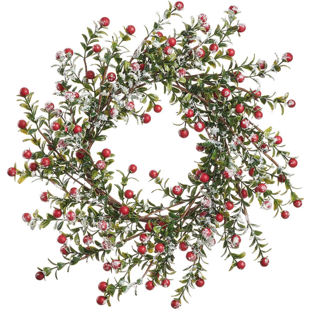14-inch wreath with green leaves and red berries featuring a frosted snow-covered finish.