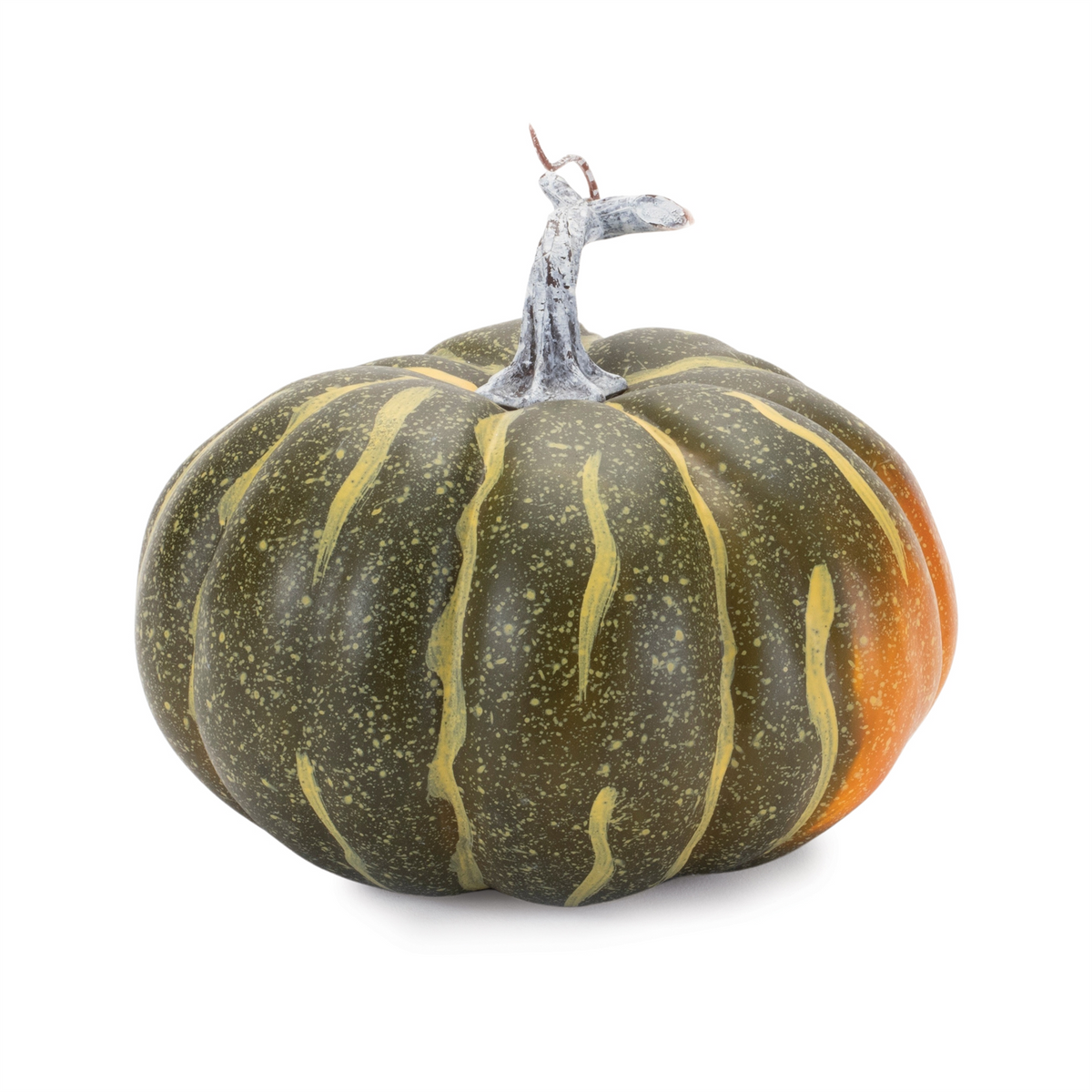 Green and orange striped decorative styrofoam pumpkin with a white stem.