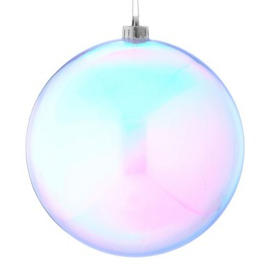 Clear iridescent glass ball Christmas ornament with silver cap and hanging wire.