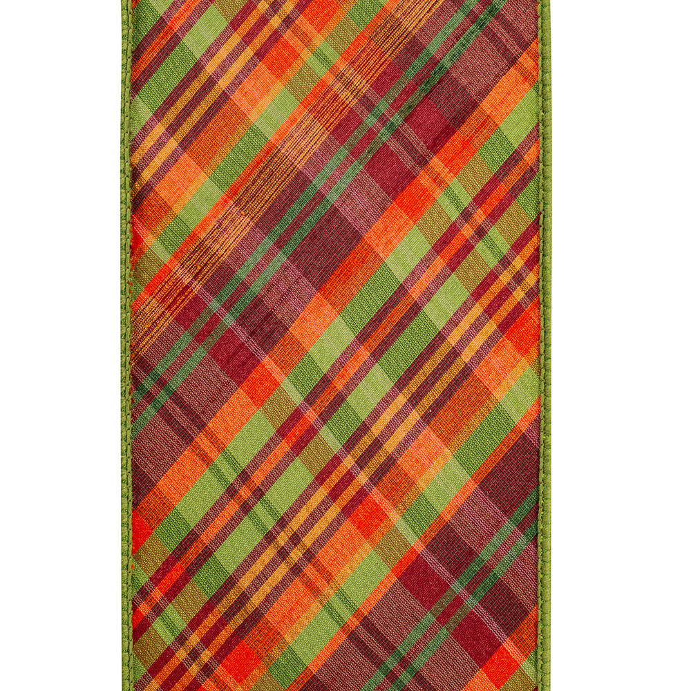 Plaid Tierra Sage Diagonal Fused Dupioni Backed Wired Edge Ribbon with orange and green patterns.
