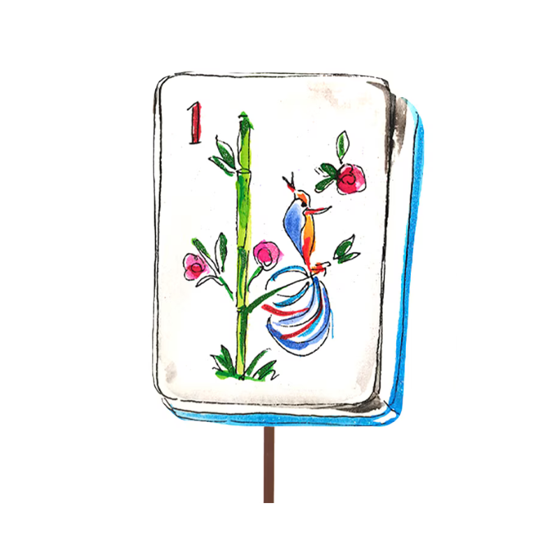 Hand-painted mahjong tile stake featuring a bird, bamboo, and flowers with a red number one.
