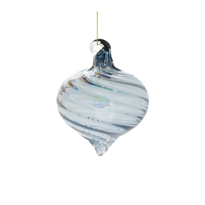 Clear glass Christmas ornament with intricate cut detailing and a shimmering reflective finish.