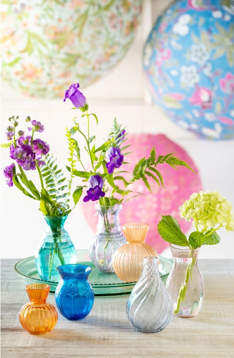 Large Zanskar cotton hanging lantern in sea green with turquoise, pink, purple, and orange floral motifs.