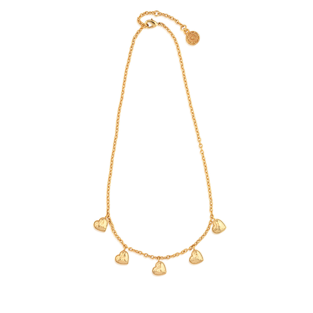 Gold multi-station necklace featuring five hammered heart charms on a delicate chain.