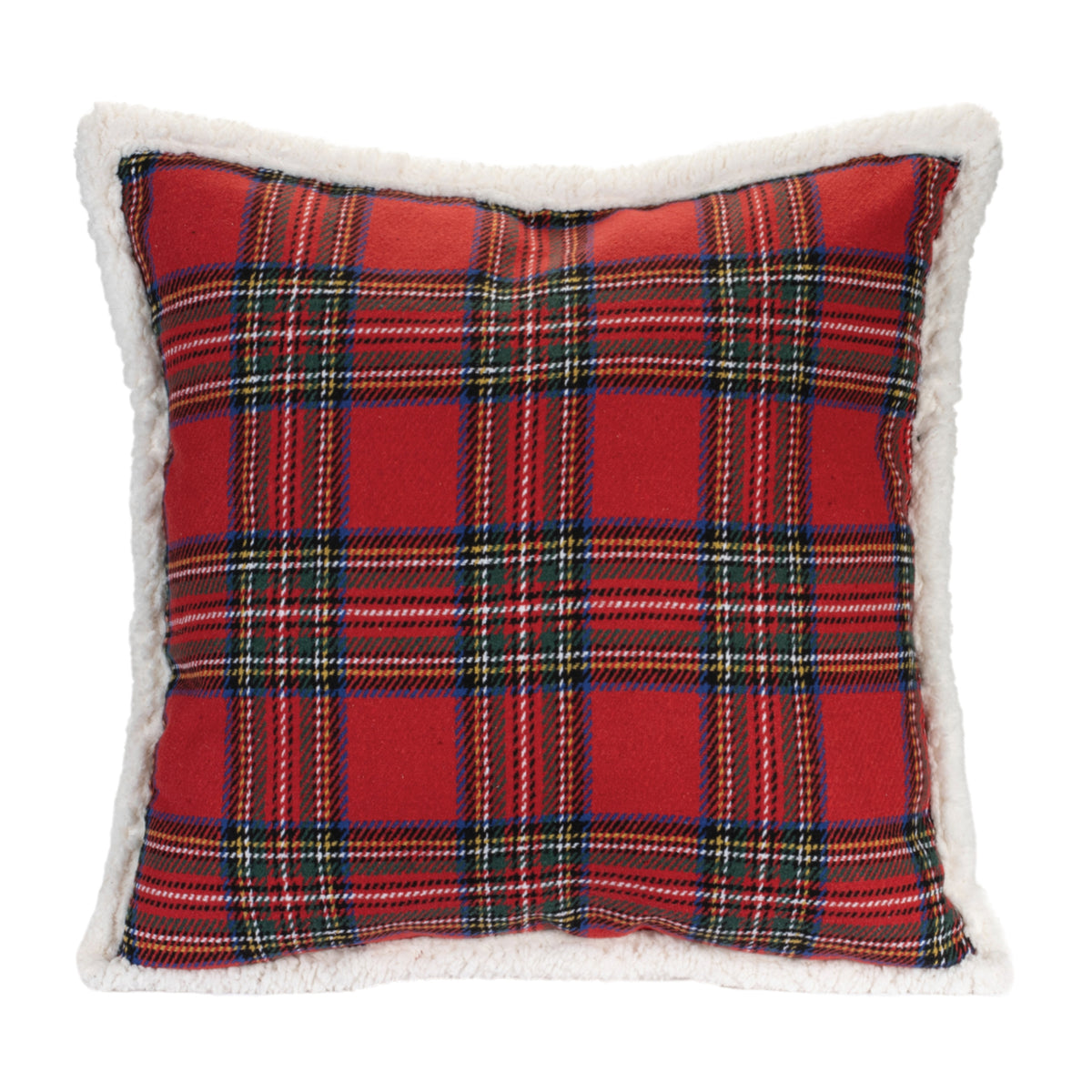 Red and black plaid square pillow with a white faux-shearling trim.