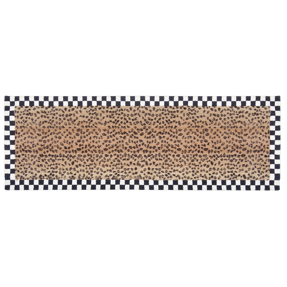 Handmade Cheetah runner rug with cheetah print pattern in wool and rayon blend.