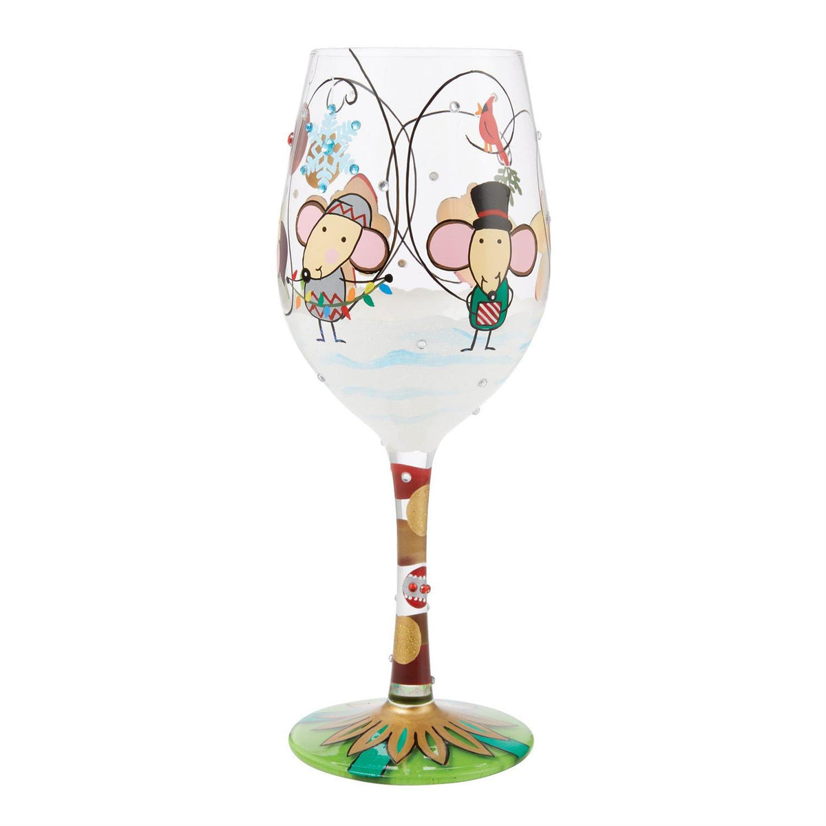 Hand-painted wine glass with a mouse illustration on the bowl.