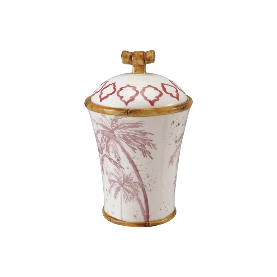 Round stoneware canister with hand-painted palm tree pattern on a natural earth tone background.