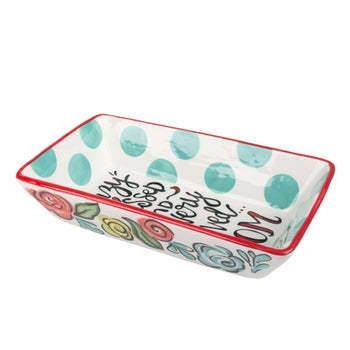 Hand-painted rectangular ceramic dish with floral designs, teal polka dots, and 'So Very Loved Mom'.
