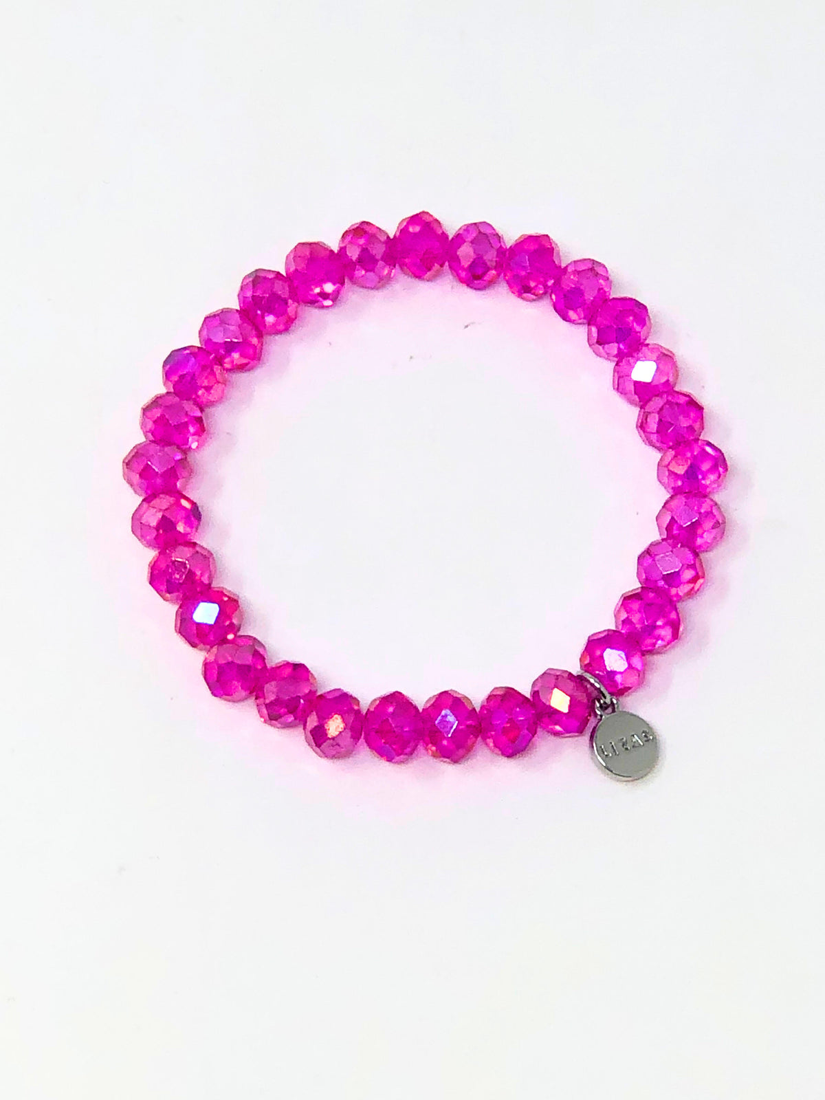 Stretchy bracelet with faceted glass beads in a colorful beaded pattern.