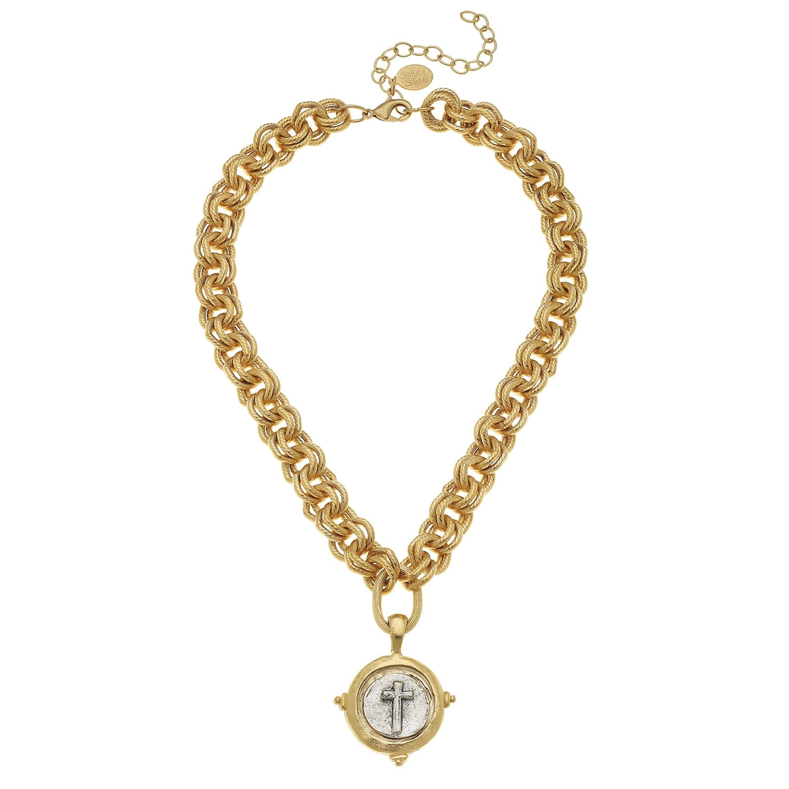 Gold chunky chain necklace with a circular gold pendant featuring a silver intaglio cross.