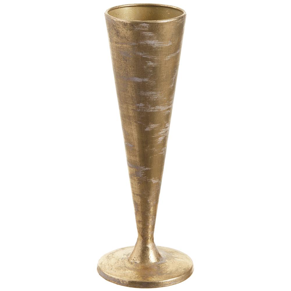 Twelve-inch gold antique metal vase with a classic cylindrical silhouette.