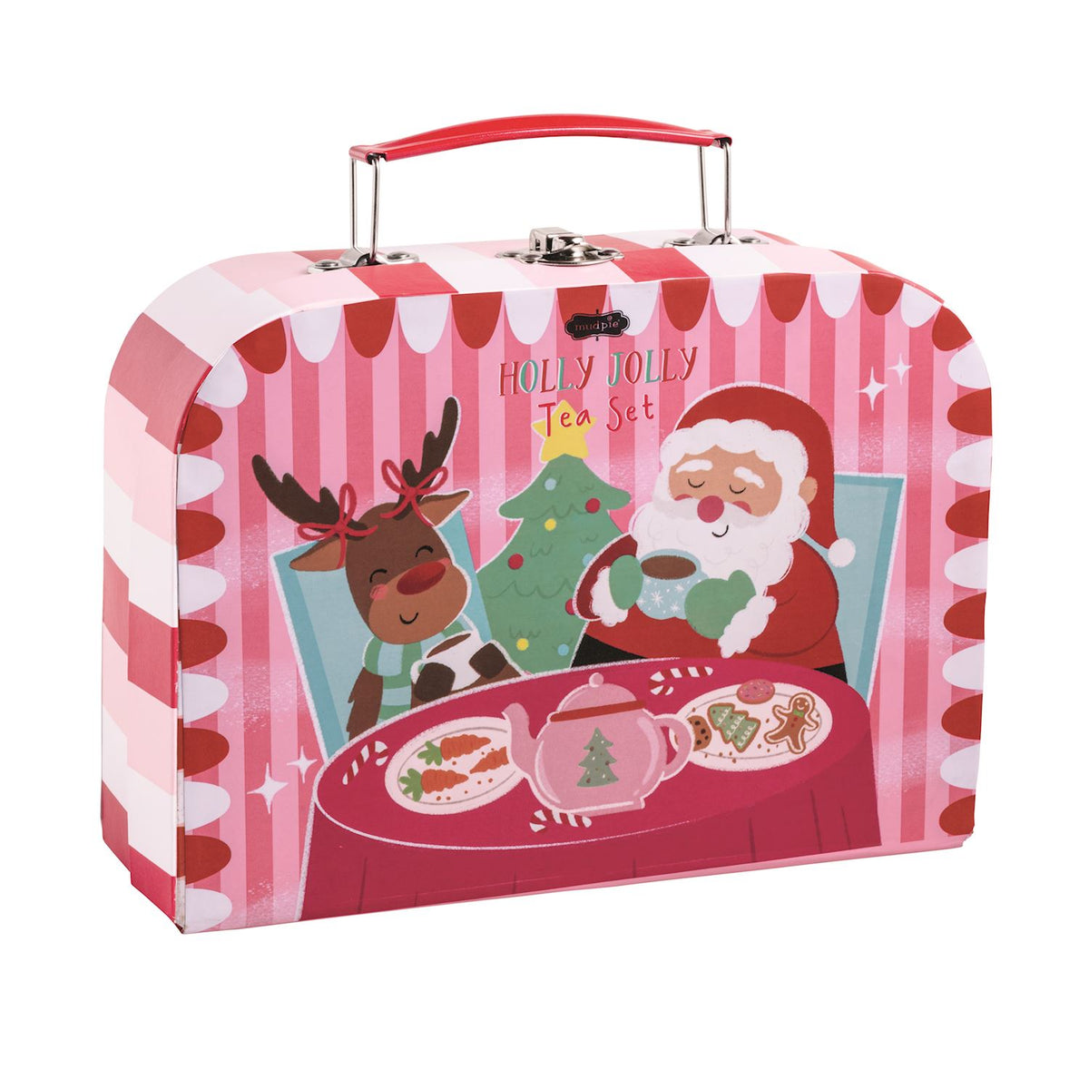 Holly Jolly Tea Set in a pink and red striped carrying case with Santa and reindeer illustrations.