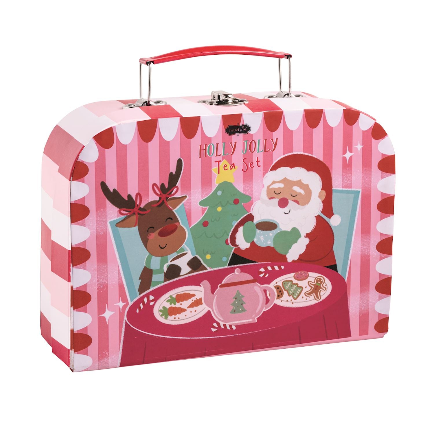 Holly Jolly Tea Set in a pink and red striped carrying case with Santa and reindeer illustrations.