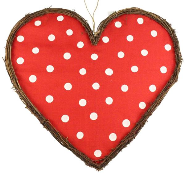 Red heart-shaped Vine Dots wall decor made from Smilax Glabra vine and fabric.