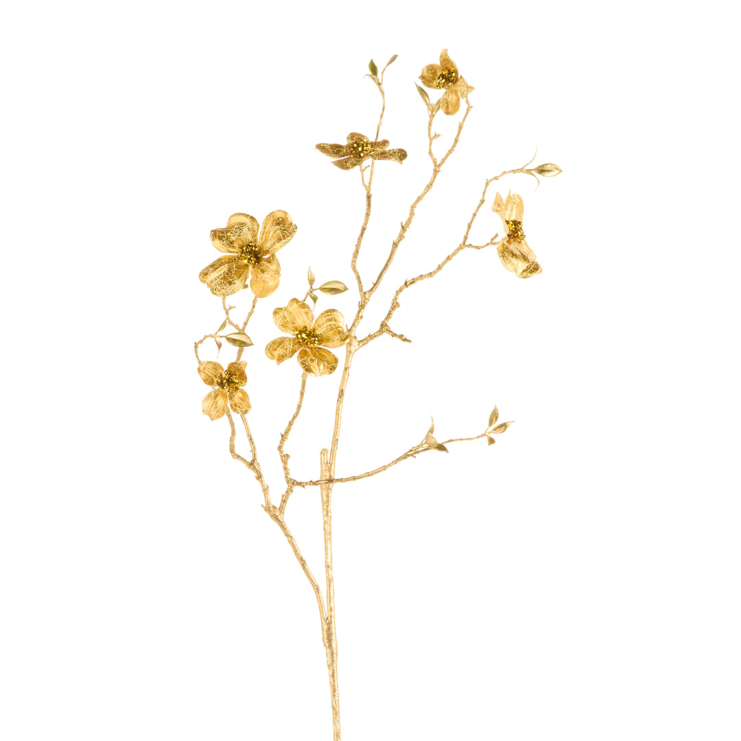 36-inch gold dogwood spray with detailed blooms and glitter accents on a slender branch.