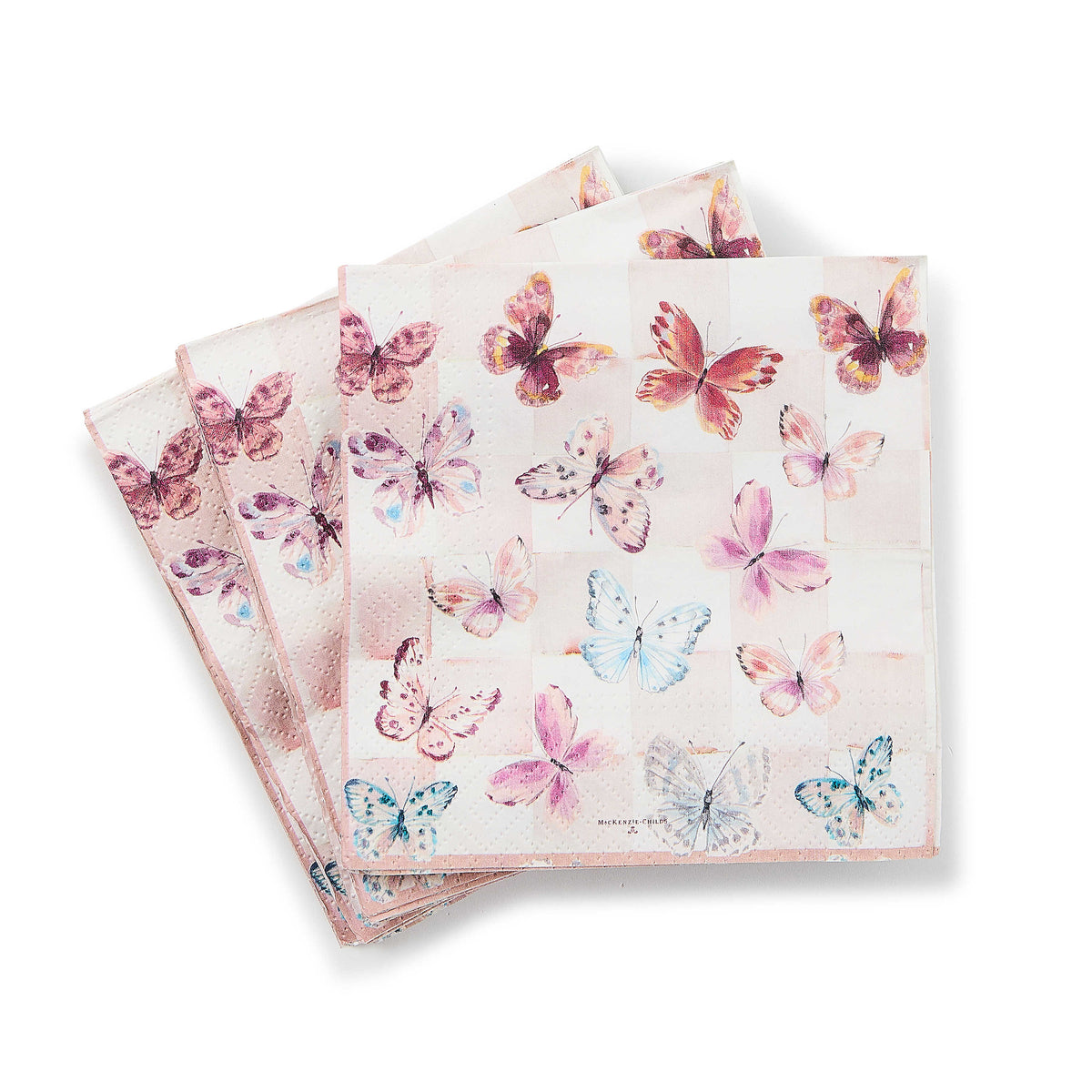 A stack of Butterfly Hill Cocktail Paper Napkins featuring colorful watercolor butterflies.