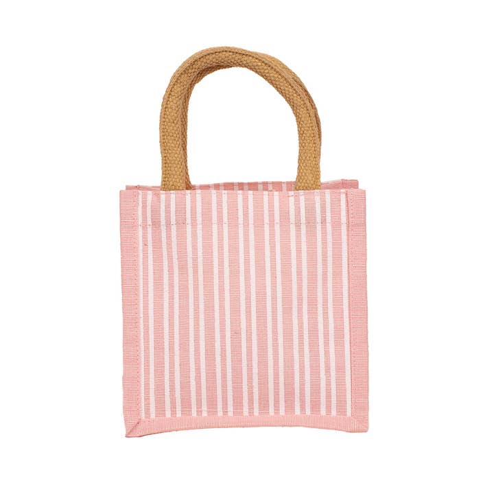 Pinstripe Petite Gift Tote in pink and white with natural jute handles.
