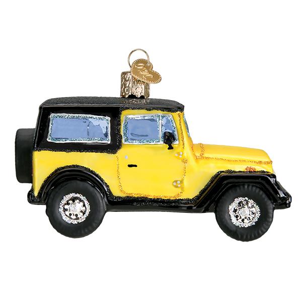 Yellow and black glass sport utility vehicle Christmas ornament with glitter accents.
