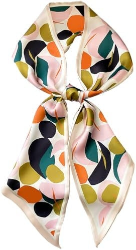 Polyester silk-like twilly scarf wrap in a gentle color palette with a soft bow silhouette.