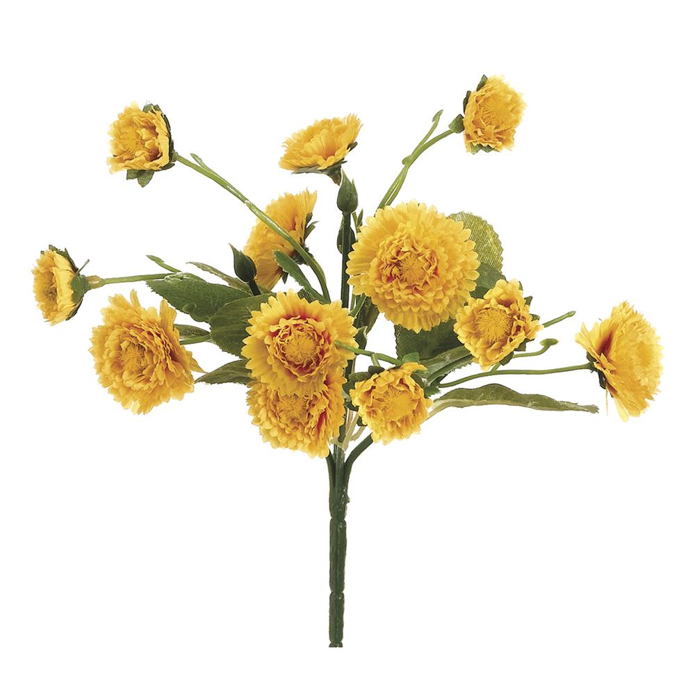 8.5-inch artificial calendula bush with polyester petals in orange-yellow hue on a wire stem.