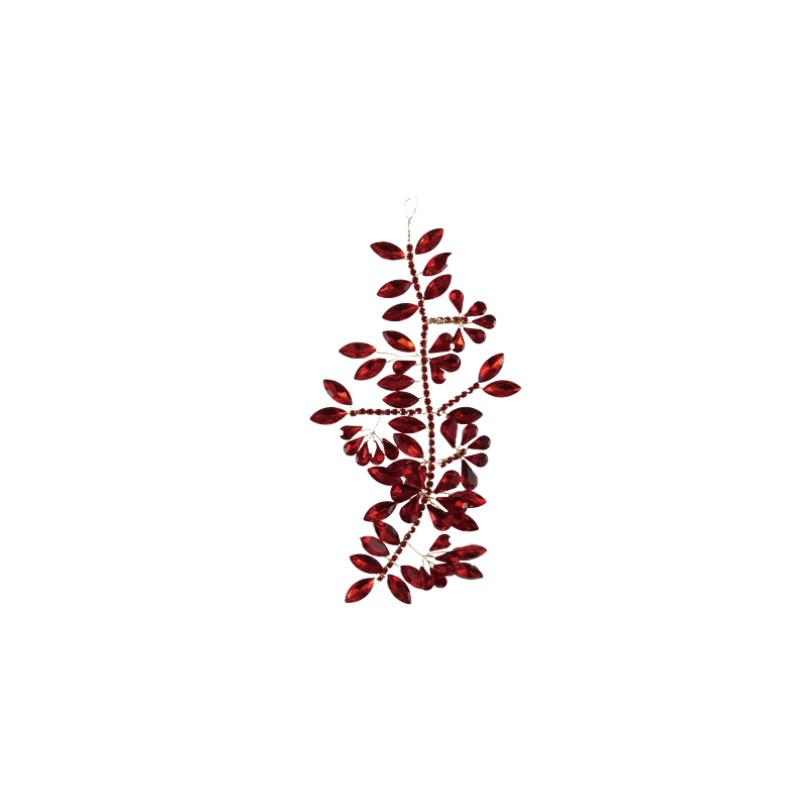 Red acrylic and wire jeweled ornament spray with zircon accents on a white background.