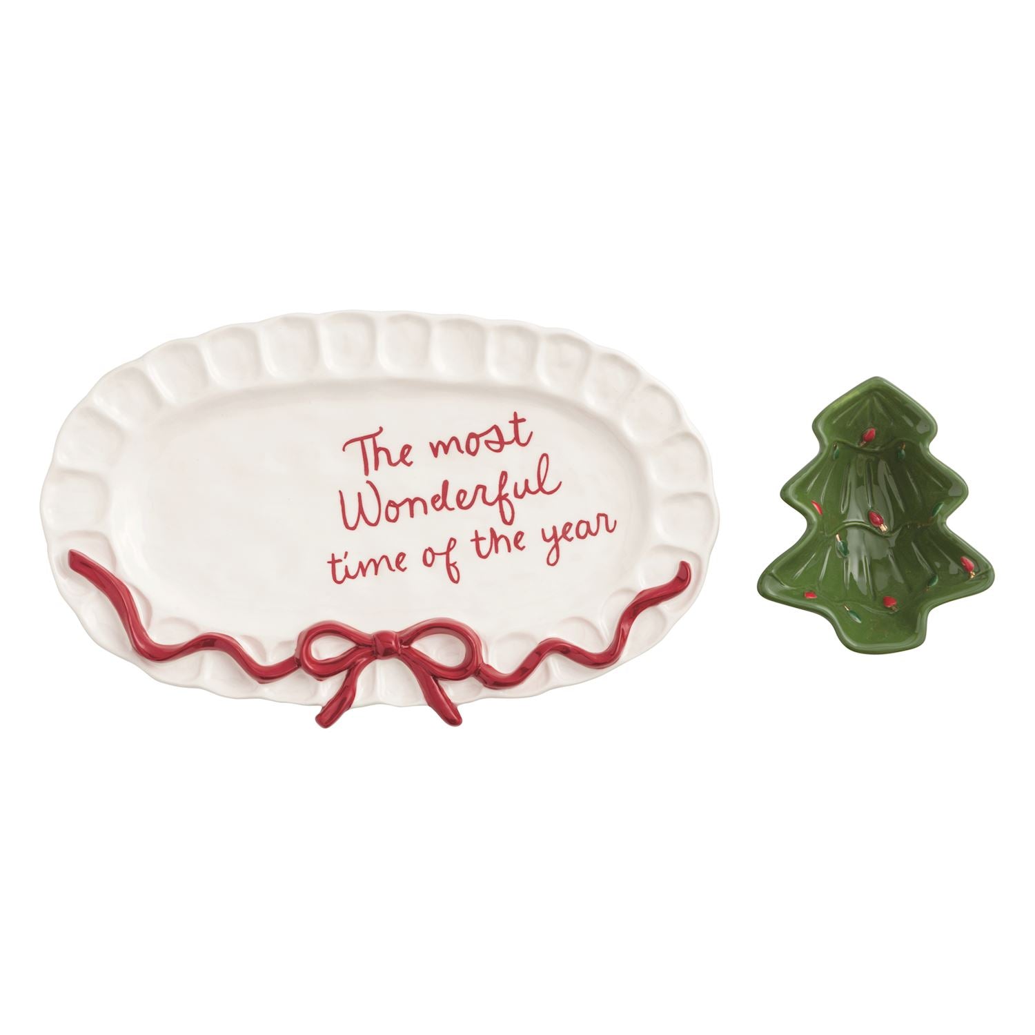 Stoneware Bow Tree platter with a small matching tidbit bowl in earthy brown tones.