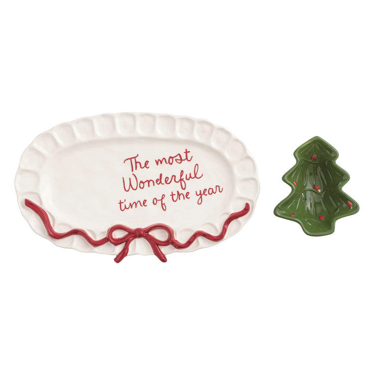 Stoneware Bow Tree platter with a small matching tidbit bowl in earthy brown tones.