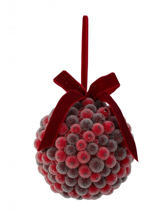 Beaded Berry Ball Ornament with red velvet bow and hanging loop.