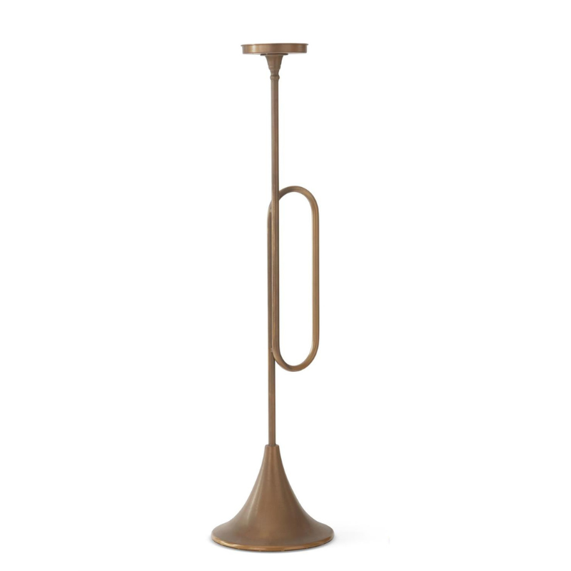 Tall gold trumpet-shaped pillar candleholder with a brass finish and musical instrument silhouette.
