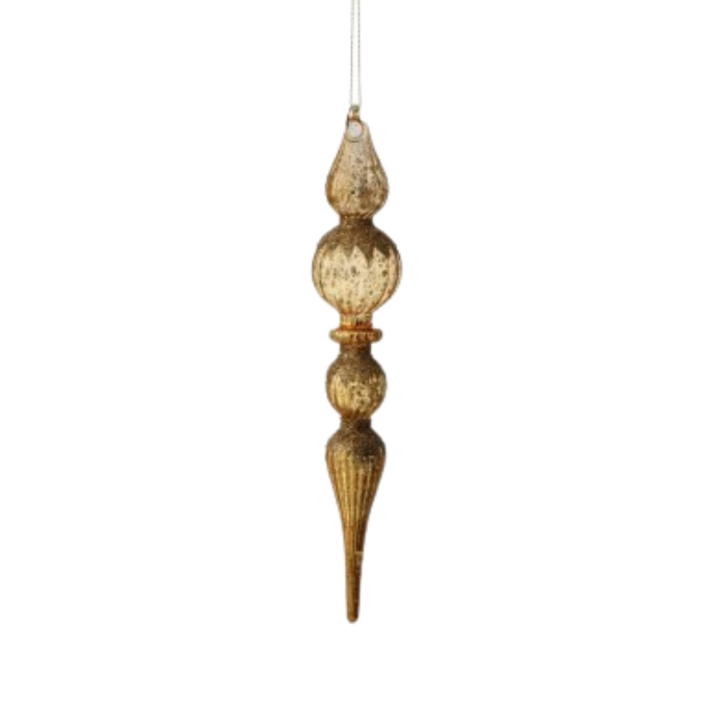 11 inch gold mercury glass finial ornament with glitter accents and a pointed tip.