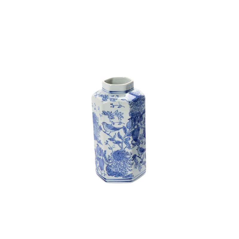 Hexagonal hand-painted blue and white porcelain vase with chrysanthemum and bird motifs.