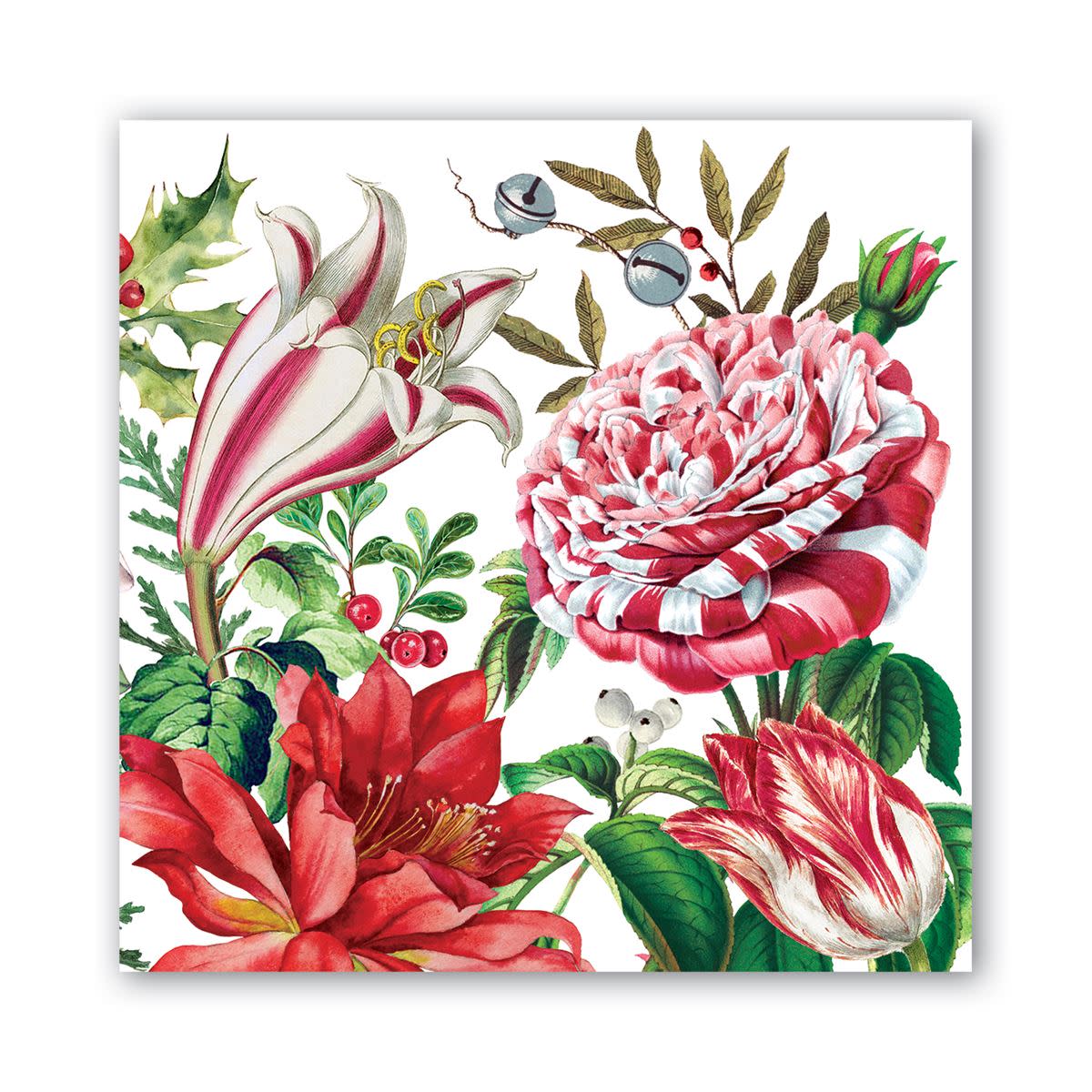 Packaged holiday cocktail napkins with a festive seasonal pattern.