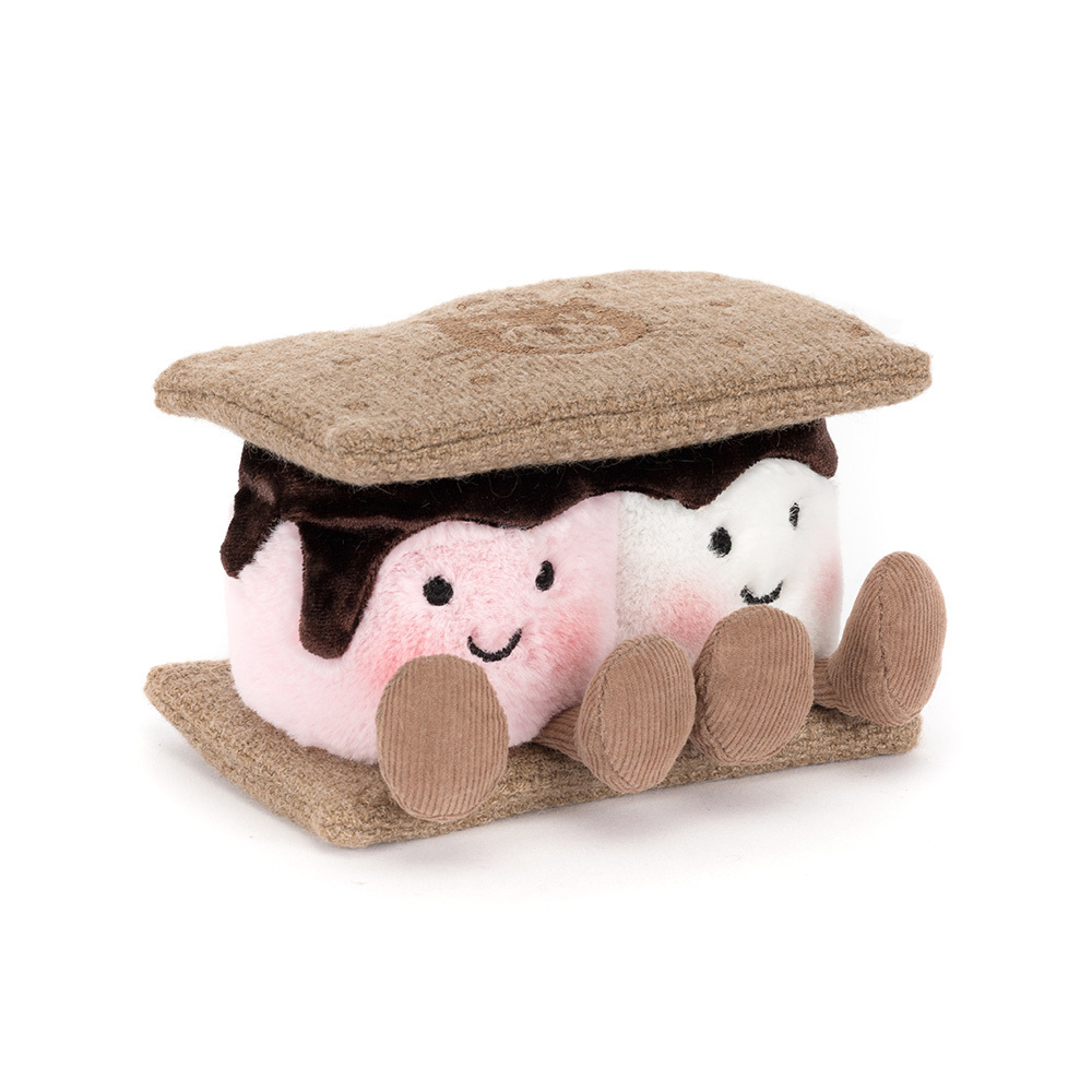 Plush s'more toy with two smiling marshmallows, chocolate, and graham crackers with cordy legs.