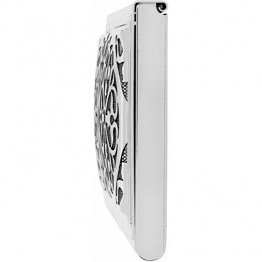 Side view of a silver Ferrara Card Case with an intricate rose window motif and retractable closure.