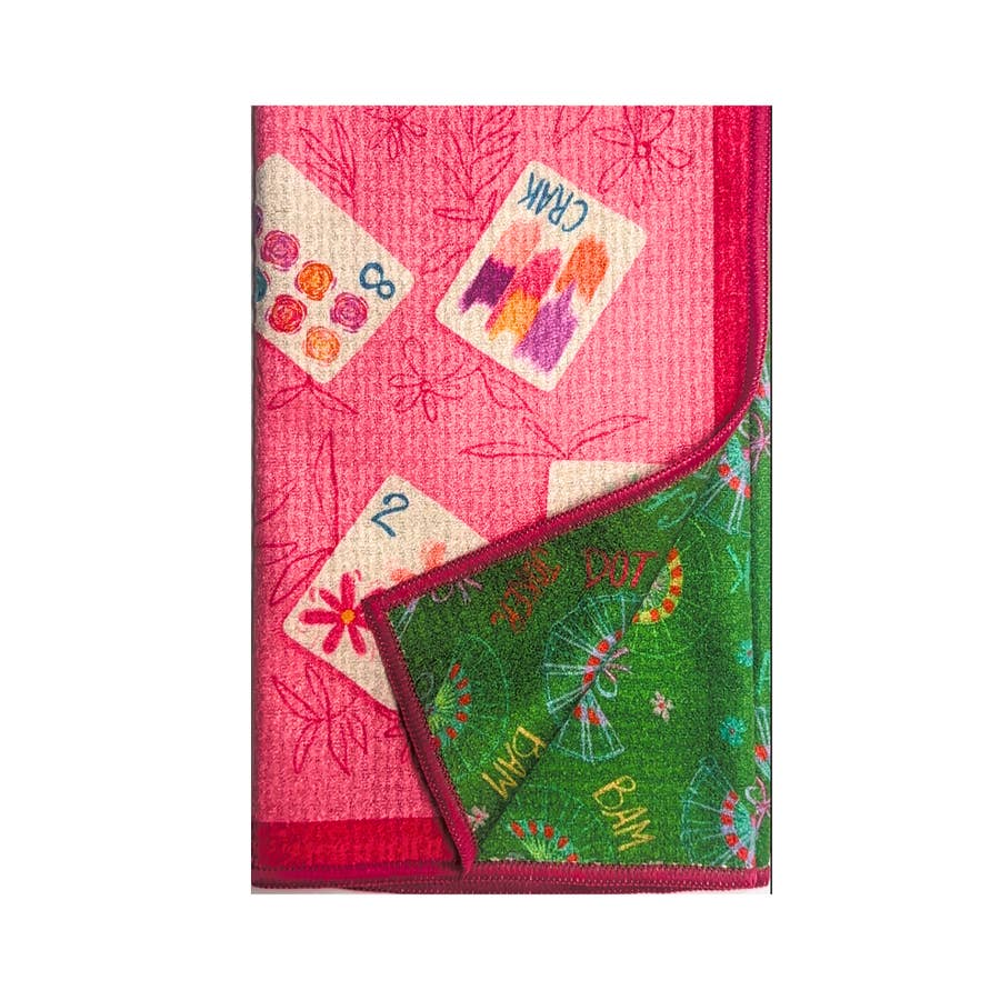 Bonjour Mahjong double-sided tea towel featuring pink and green mahjong tile illustrations.