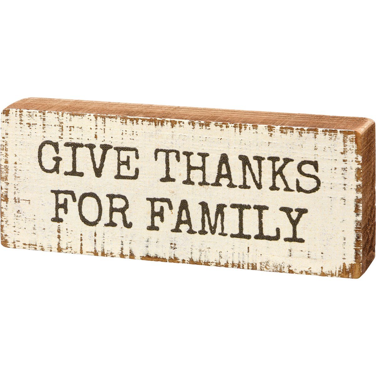 Wooden block sign with predrilled slots reading Give Thanks for Family