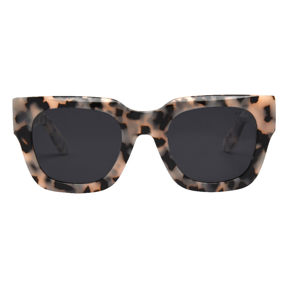 Jolene sunglasses with snow tortoise frames and smoke polarized lenses.