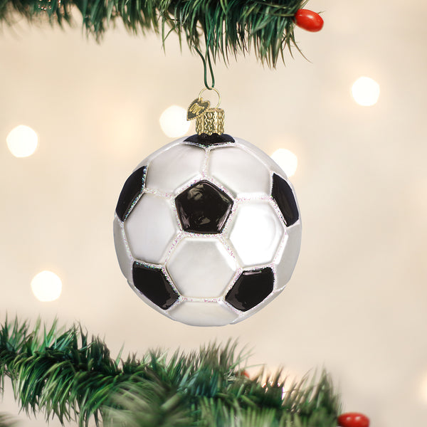 Soccer ball Christmas ornament with black and white panels hanging on a green pine tree branch.