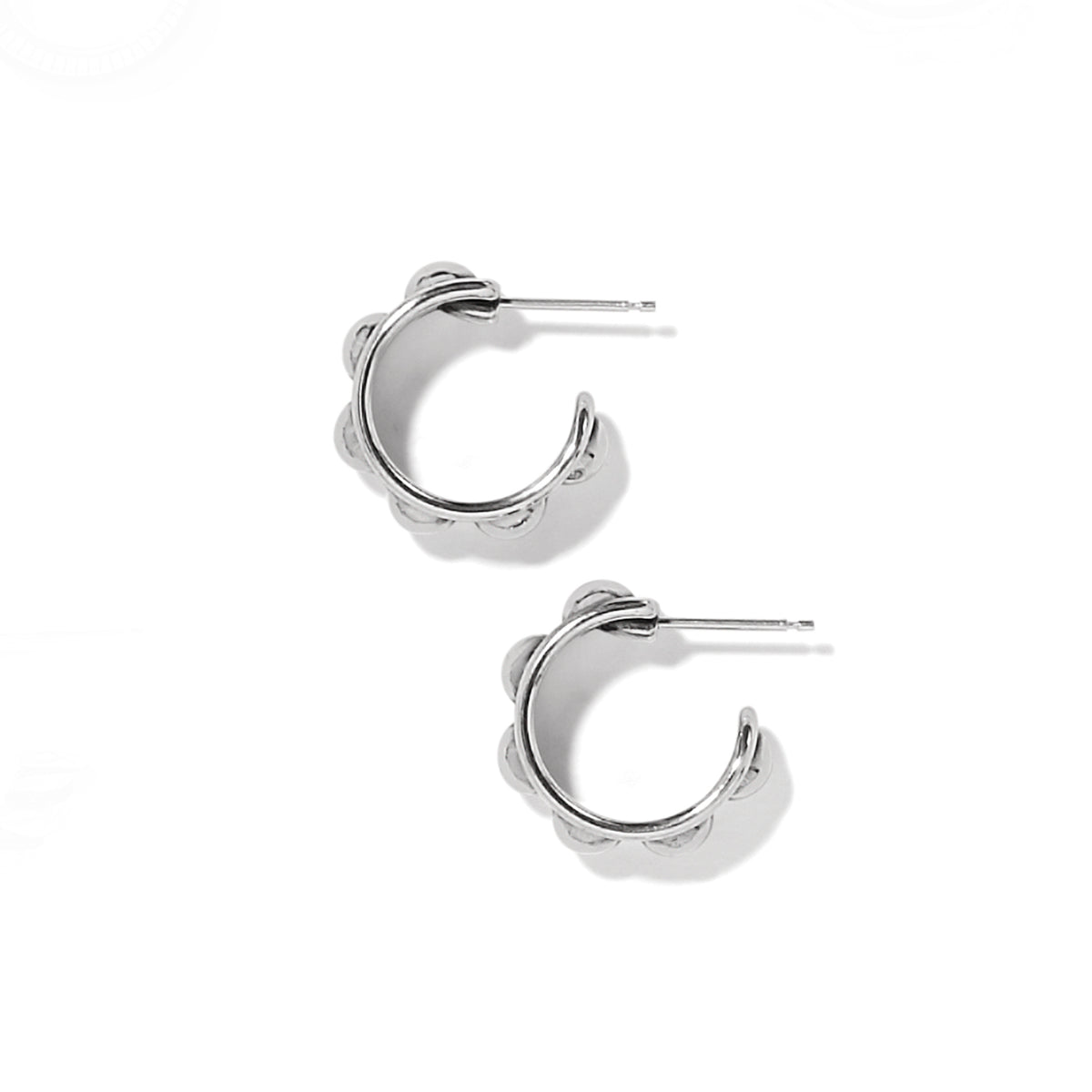 Silver plated Pretty Tough Stud Post Hoop Earrings with a beaded outer edge and post backs.