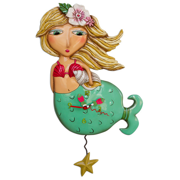 Shelley Mermaid Clock with blonde hair, red bikini, green tail, and a starfish pendulum.