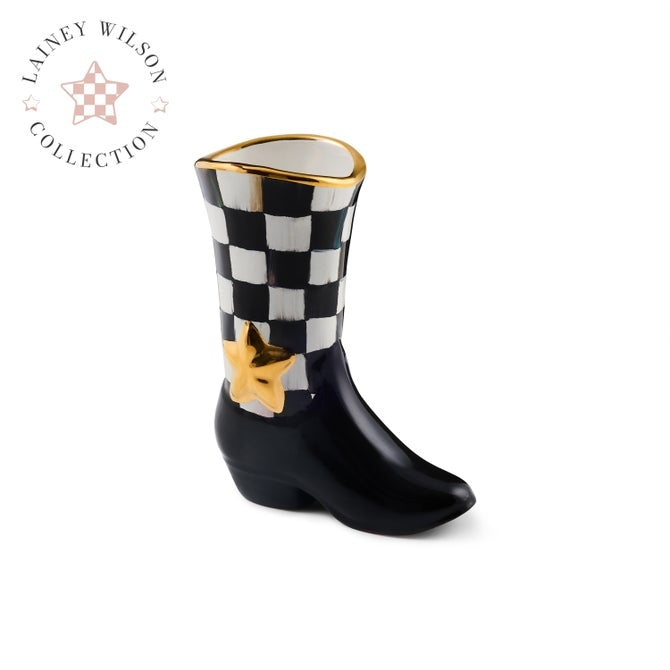 Hand-painted black and white checkered cowboy boot bud vase with gold star and rim accents.